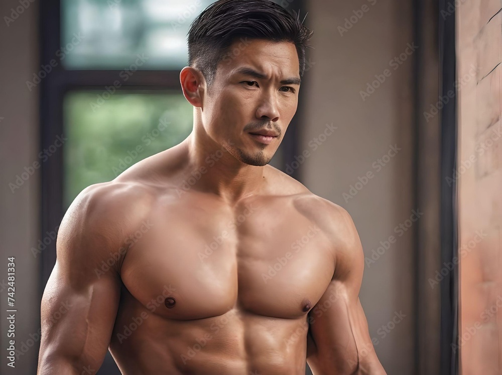 Sweaty and Tan Muscle Asian Guy Shirtless Posing Portrait in A Building Concept