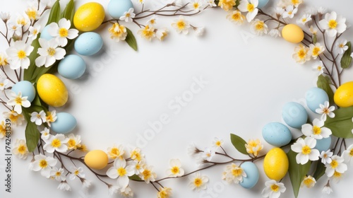 Flat lay frame with easter eggs and spring flowers on white background