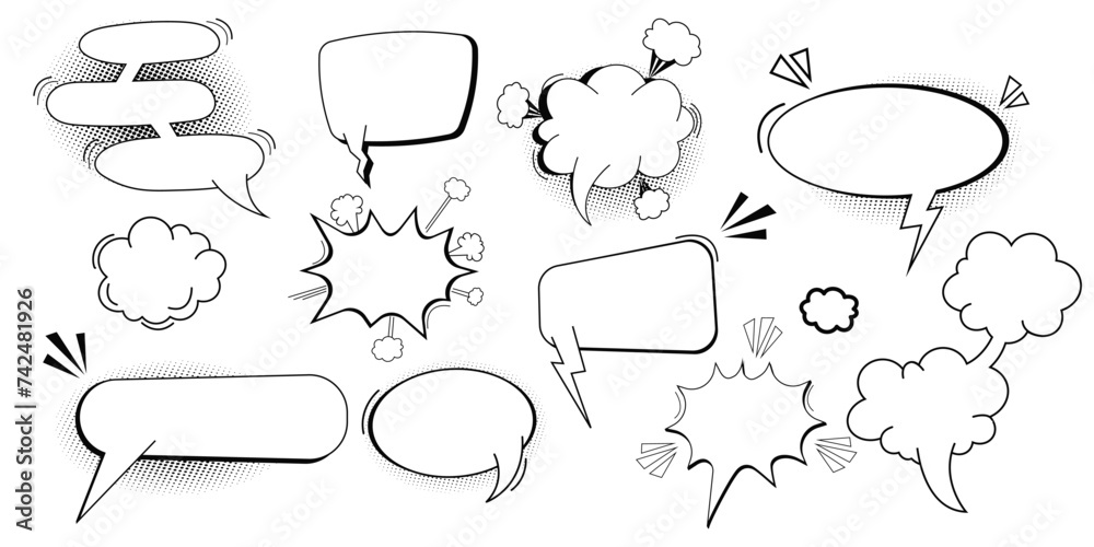 Fototapeta premium Set pow bubble speech comic expression frame cartoon doodle isolated on white background. Boom explode effect, halftone decoration,