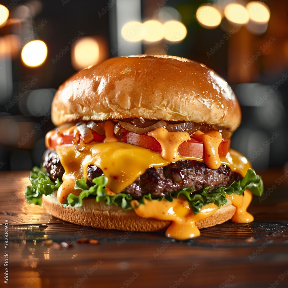 Mouthwatering Cheeseburger with Thick Juicy Patty and Fresh Ingredients Mouthwatering Cheeseburger with Thick Juicy Patty and Fresh Ingredients