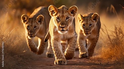 A large group kittens of lion (cub of lion) and lioness (female of lion) are moving on savanna's road. It is a good illustration on soft light which shows wild life and natural habitat