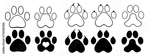 Paw prints. Animal, cat, dog, fox, pads, claws, soft, track, pet, beloved, veterinary, care, heart, walk, pattern, owner, limbs, treat, love, purr, bark, fur, tail, vet. Vector illustration