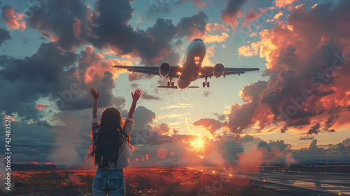 A beautiful young woman waving goodbye to an airplane taking off.