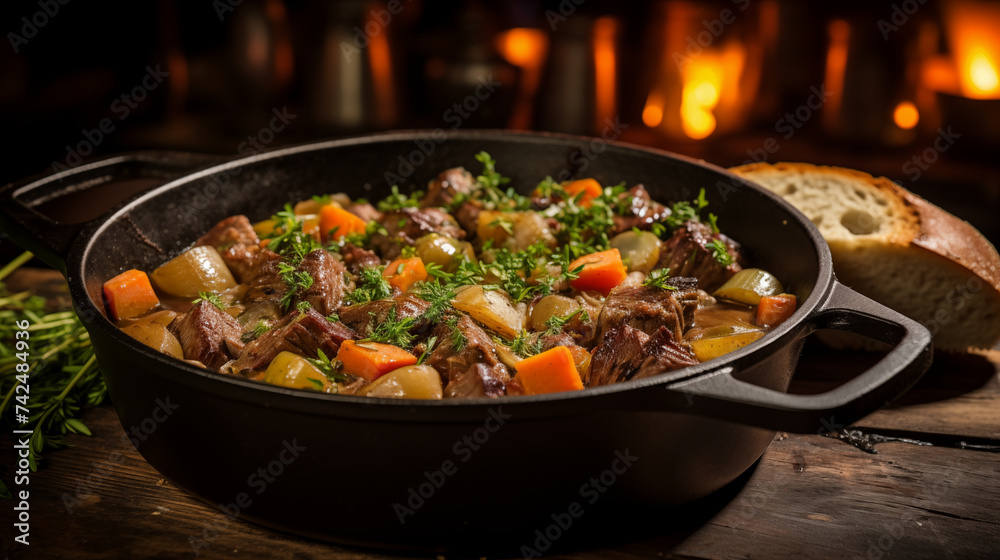 Savoring Tradition: Colorful Shot of Irish Stew with Tender Lamb, Potatoes, and Carrots