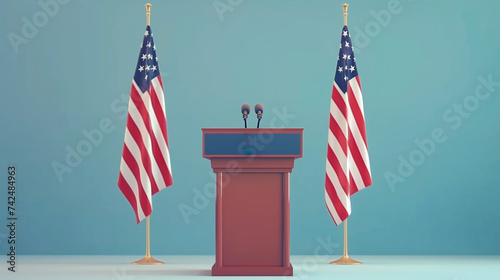 Briefing of president of US United States in White House. Podium speaker tribune with USA flags. Politics concept. 3d illustration photo
