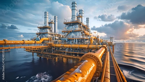 Pipework and exhaust stack at offshore oil and gas central processing platform,generative ai