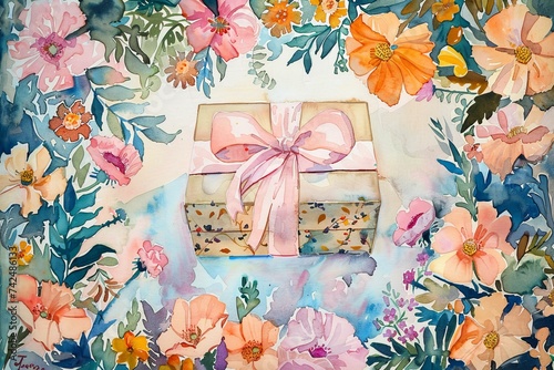 artwork depicts an unwrapped gift, adorned with an elegant pink ribbon, serving as a focal point amidst a garden of blooming flowers