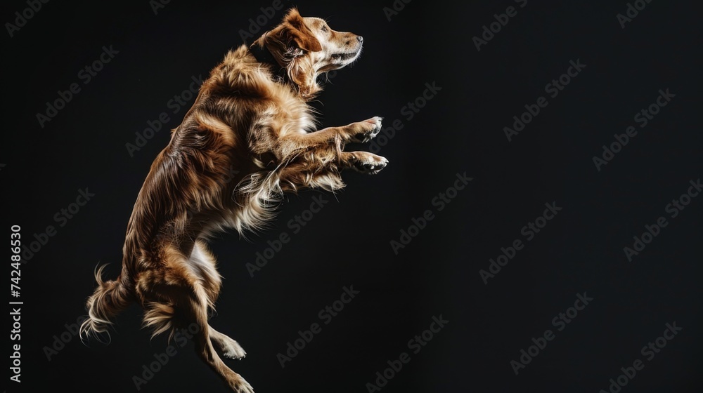 Naklejka premium Dog jump on a black background. Flying animal.
