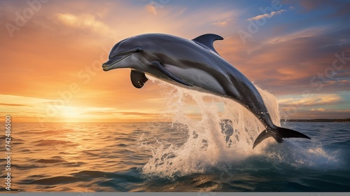 A pair of beautiful dolphins jumping over breaking waves. Hawaii Pacific Ocean wildlife scenery. Marine animals in natural habitat