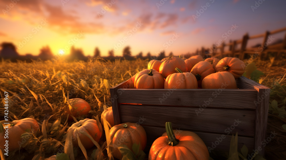 Orange pumpkins harvested in a wooden box with field and sunset in the background. Natural organic fruit abundance. Agriculture, healthy and natural food concept. Horizontal composition. - obrazy, fototapety, plakaty 