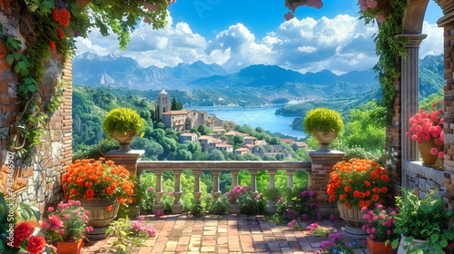 Picturesque Italian lakeside village with panoramic views of mountains and lush greenery, epitomizing summer travel in Italy