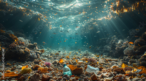 a plastic bottle is floating in the water near a coral reef photo