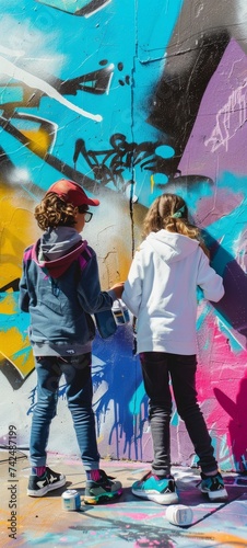 Young artists collaborating on a graffiti piece turning a blank wall into a vibrant artwork