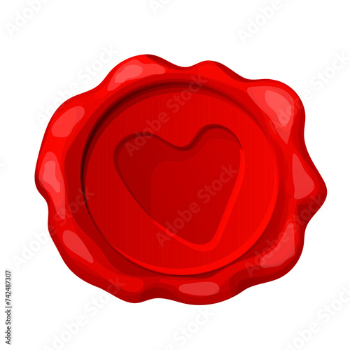 Romantic red wax seal with heart shape isolated on white background. Holiday stamp, love letter decoration. 