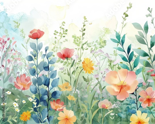 Charming watercolor garden scenes filled with blooming flowers and greenery