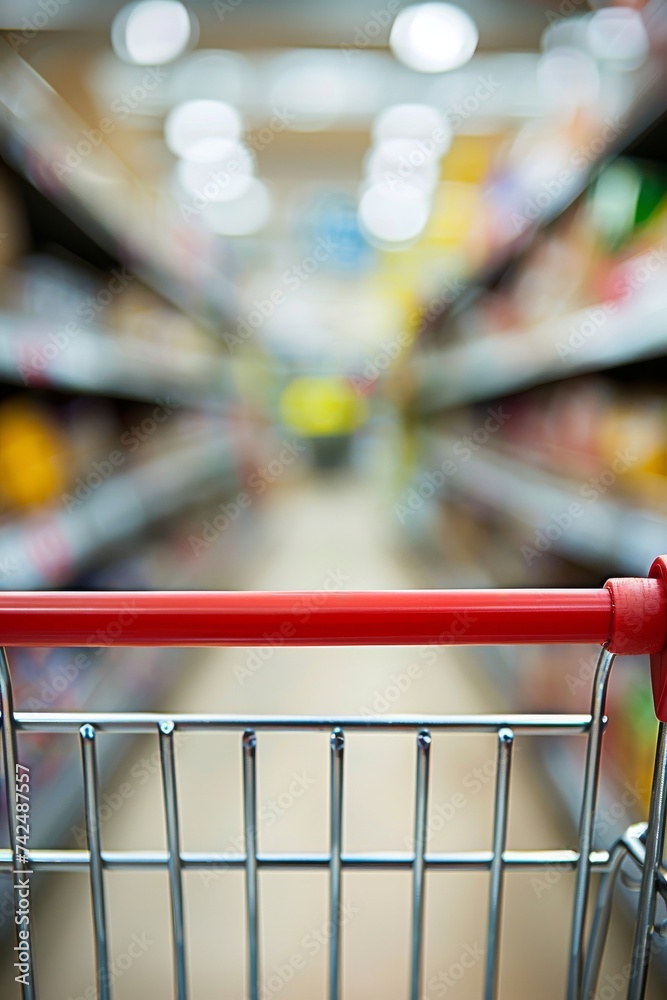 Close up on a shopping cart handle with a blurred aisle background symbolizing focus on shopping