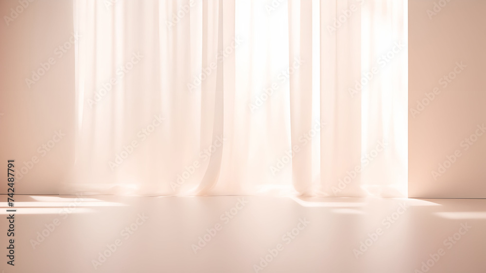 Backlit window with delicate beige-pink translucent curtains in an empty room. Peach fuzz color 2024.