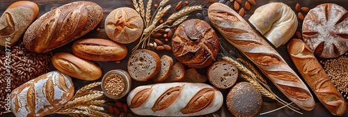 Diverse bread types rich in whole grains artfully arranged on wood Kitchen wholesome food theme photo