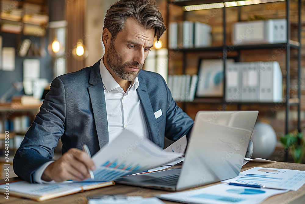 Businessman analyzes documents. He uses his laptop for maximum productivity while working on charts and documents.