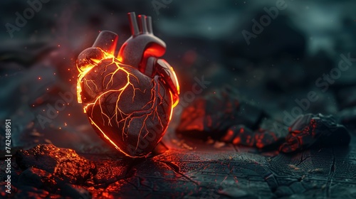 A broken heart with glowing cracks on a dark backdrop