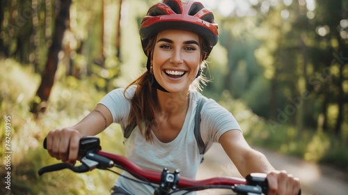 Smiling sporty woman on red mountain bicycle