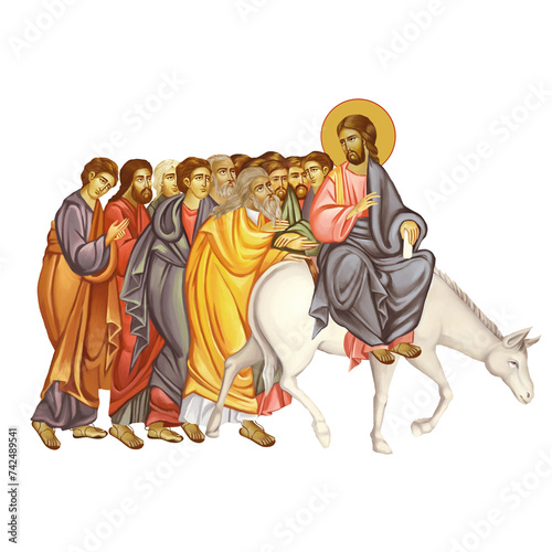 Dominica in Palmis de passione Domini. Palm Sunday. Illustration in Byzantine style isolated on white background photo