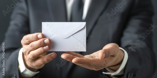 RESIGNATION envelope in bosss hand quitting job Workplace change business decision concept photo