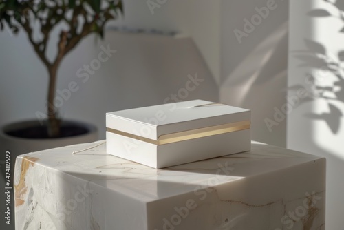 white box with a golden stripe, bathed in sunlight, sits elegantly on a marble surface © Suhardi