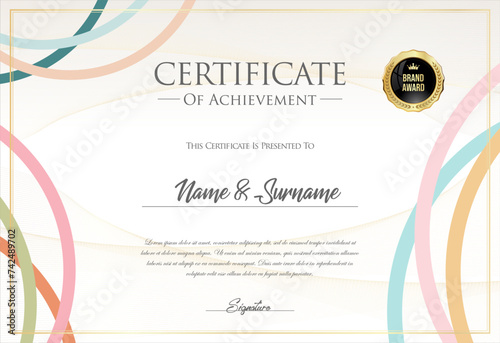 Certificate with golden seal and colorful design border 