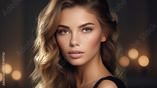 Glamour portrait of beautiful woman model with fresh daily makeup and romantic wavy hairstyle. Fashion shiny highlighter on skin,  gloss lips make-up and dark eyebrows photo