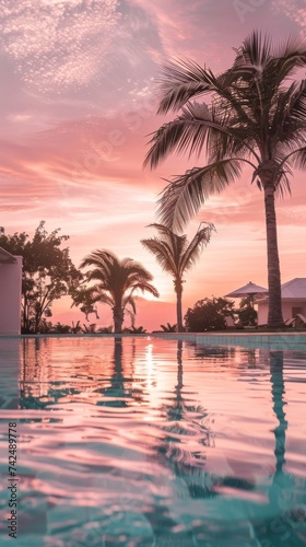 Soft sunset hues for a boutique hotels welcoming with palm tress