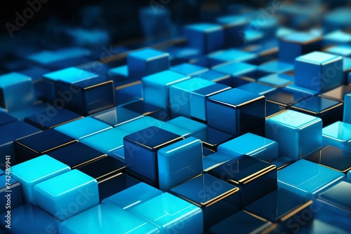abstract dark mosaic background with many blue block shapes and cubes  hi tech in the style of 3D rendering  digital art