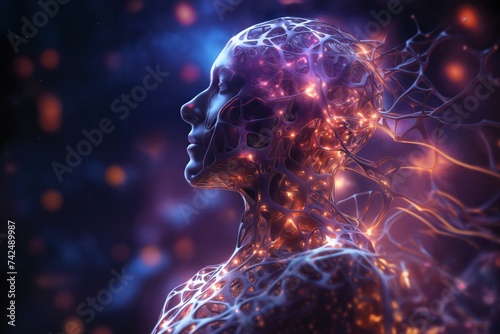a schematic of human body with neural connections of head and brain and organ structures in form of hologram on abstract background with light, digital art, concept of biotechnology of future © soleg
