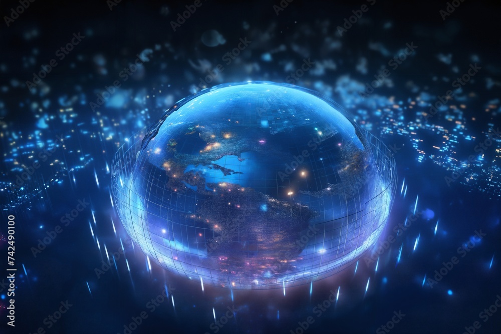 Obraz premium surface of earth planet with futuristic computer technology and mega city, digital connections with hologram and glow against background of space, concept of globalization and urbanization