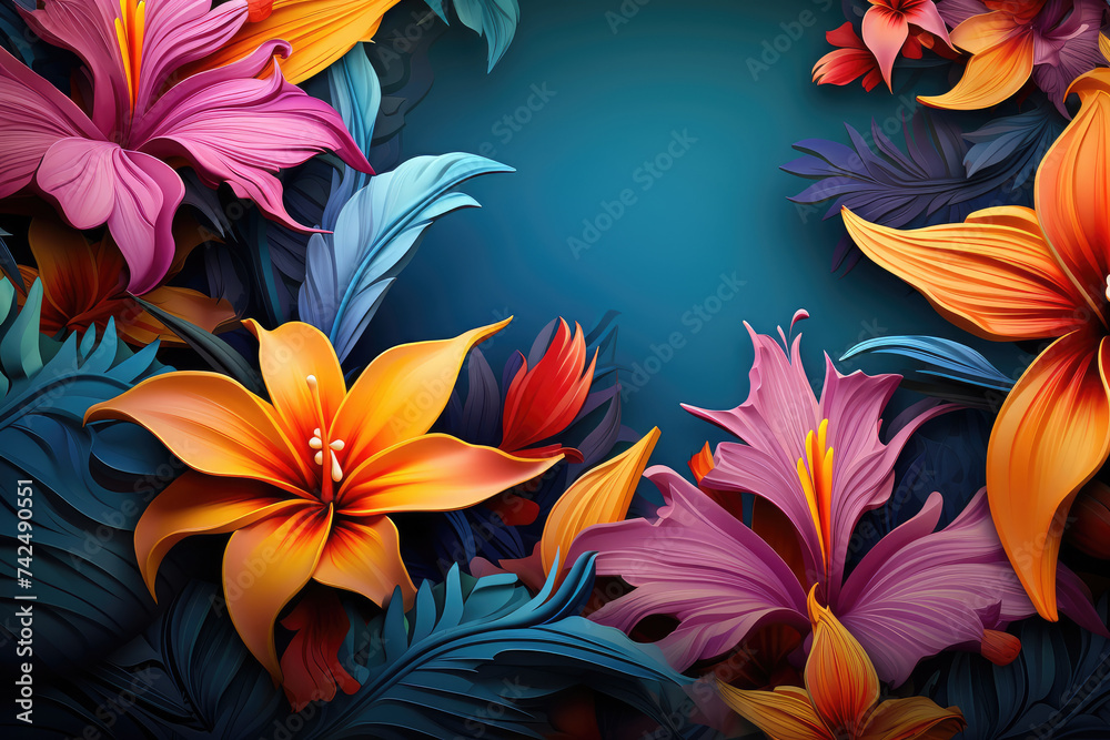 Stylized tropical flowers in rich oranges and pinks set against a dark blue foliage background, illustrating a lively botanical scene. Stylized tropical flowers in rich oranges and pinks set against a dark blue foliage background, illustrating a lively botanical scene.