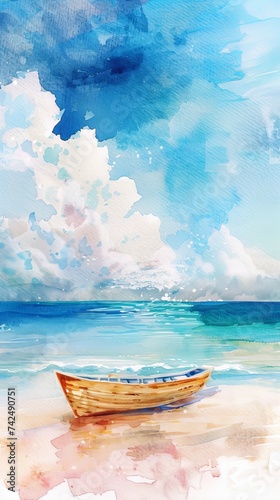 Watercolor baot on sea beach for a travel agencys dreamy destination promo