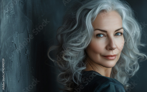 Fashion portrait of 40 year old woman with gray hair, the main trendy trend of the season photo