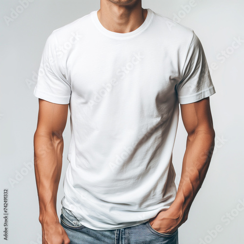  Men's white t-shirt mockup, white background, front view. Man wearing a blank white t-shirt and blue jeans