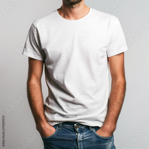  Men's white t-shirt mockup, white background, front view. Man wearing a blank white t-shirt and blue jeans