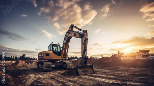Excavator In Construction Site On Sunset Sky In Background