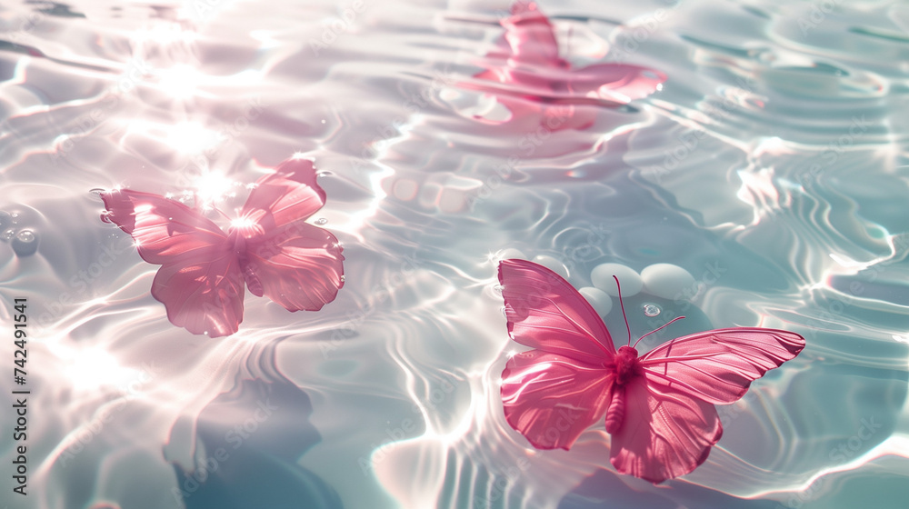 Calming fantasy pink butterflies on shimmering white water and the pink phosphorescence of plump pearls as a backdrop beautiful rhythm curves in the middle of the water - obrazy, fototapety, plakaty 