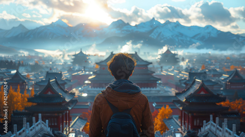 A man stands in front of an ancient Chinese palace with the best view. mountain background blue sky and white clouds beautiful sunlight The best views of nature and architecture