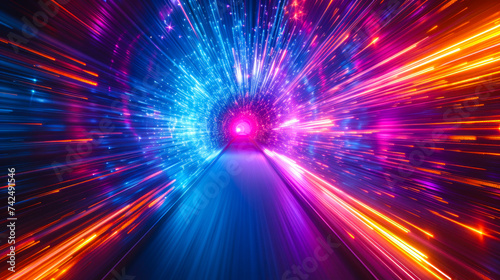 Speed of Light Concept with Vibrant Streaks, High Velocity Movement Through Cyber Dimension, Dynamic Energy Flow in a Futuristic Tunnel