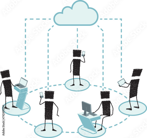 Global Communications, stick figures. Illustration of a group of stick figures connected to the Internet cloud with different mobile devices (cell phone, laptop, tablet, PC).