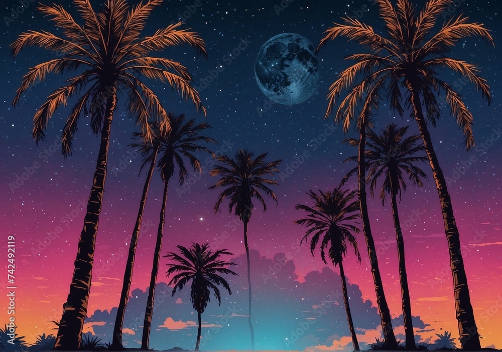 Night landscape with palm trees, against the backdrop of a neon sunset, stars