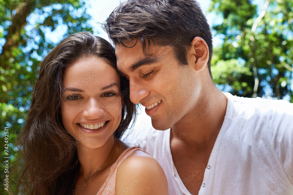 Love, smile or portrait of happy couple in nature for journey on outdoor trekking adventure. Man, woman or romantic people on holiday vacation trip to relax in woods for honeymoon, travel or wellness Love, smile or portrait of happy couple in nature for journey on outdoor trekking adventure. Man, woman or romantic people on holiday vacation trip to relax in woods for honeymoon, travel or wellness