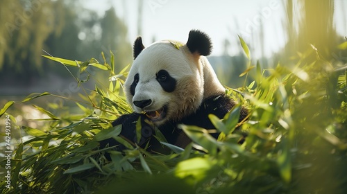 Hungry giant panda bear eating bamboo at Chengdu  China