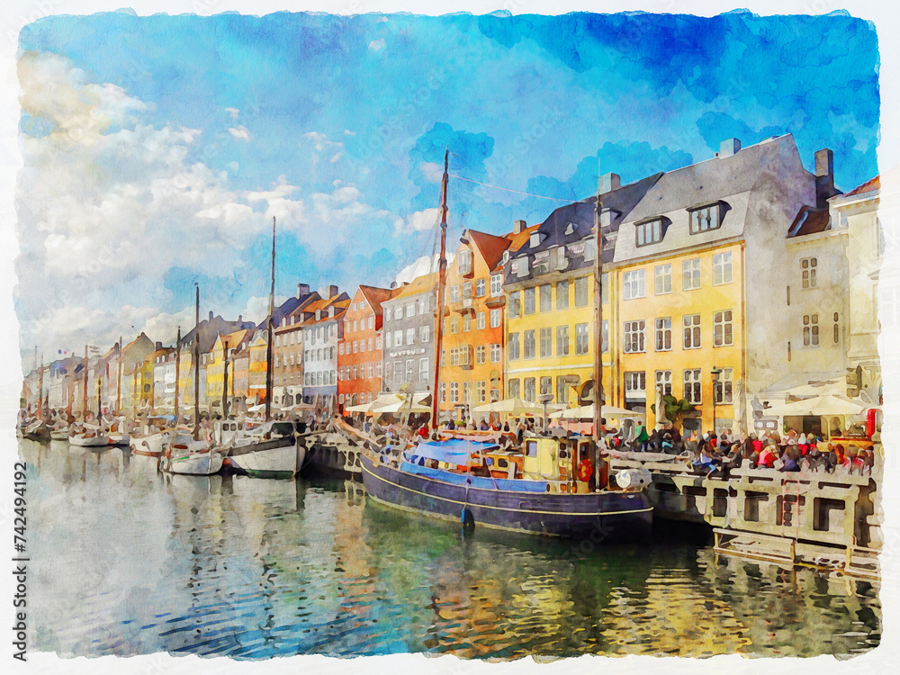Picturesque cityscape with colorful medieval houses and boats on the waterfront in Copenhagen, Denmark. Watercolor painting.