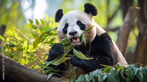 Hungry giant panda bear eating bamboo at Chengdu  China