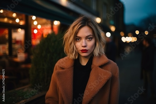 Portrait of beautiful young woman in coat on the street at night.